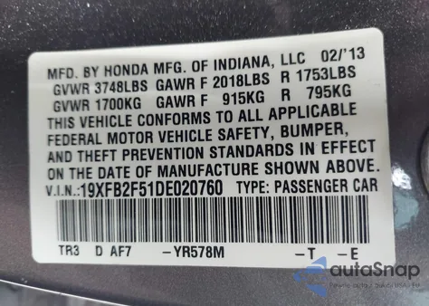 2013 Honda Civic Lx from USA, damaged, VIN 19XFB2F51DE020760